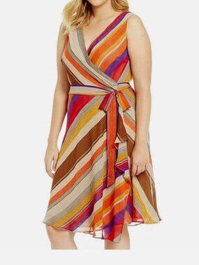 Lauren Ralph Lauren Brown Red Striped Sleeveless Wrap Dress 16 Coastal Resort